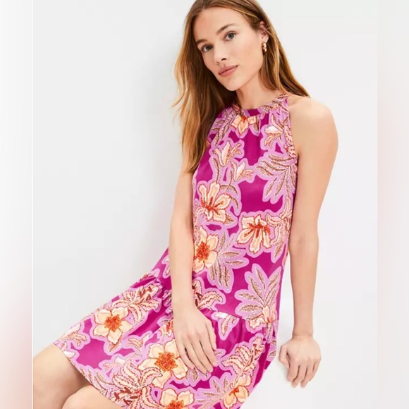 Ann Taylor LOFT Mosaic Mini Halter Swing Dress in Magenta Sunset Size XL NWT - Picture 1 of 9